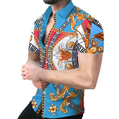 China 2023 Wholesale anti-pilling cheap price button up classic type T shirt men's gold baroque short sleeve version Hawaiian dress fully under for sale