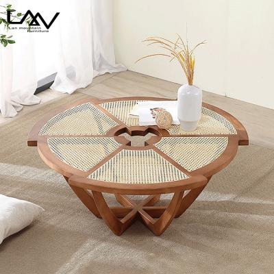 China Solid wood round coffee table Nordic modern living room woven rattan coffee table assembled wood furniture for sale