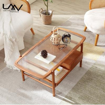 China Nordic pure solid wood coffee table contemporary contracted and contemporary living room wood glass coffee table compiled for sale