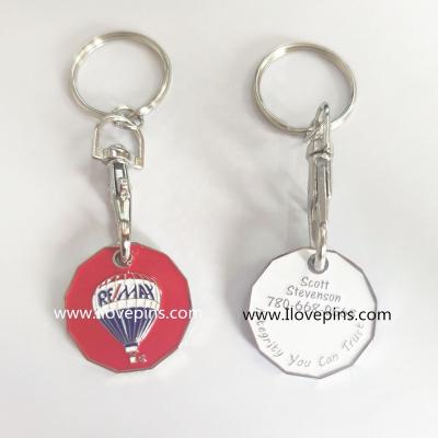 China Europe Canada Size Engrave Coin Chip Stainless Iron Metal Hot Air Balloon Logo Trolley Keychains Customized for sale