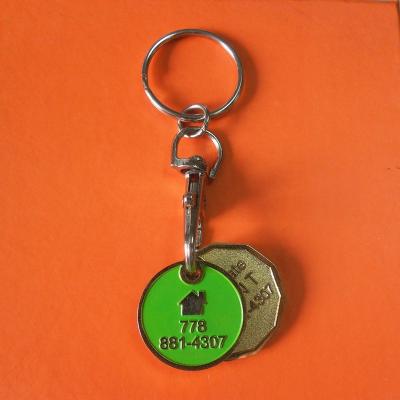 China Europe embossed logo phone number green color trolley coin keychains metal symbolic coins for sale