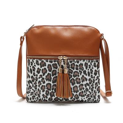 China Pu+Polyester Contrast Color Leopard Fringed Lady Bags Shoulder Messenger Double Fringed Pendant Bag for sale