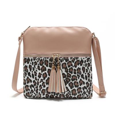 China Pu+Polyester Contrast Color Pink Leopard Fringed Lady Bags Double Fringed Shoulder Messenger Bag for sale