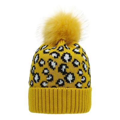 China JOINT Wool Leopard Print Knit Warm Hat Fashion Wool Ball Cap for sale