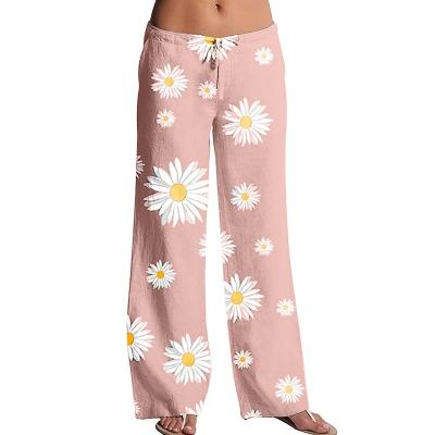 China 2021 Breathable New Hot Sale Daisy Printed Women's Sports Wide Leg Pants Cotton And Canvas Casual Pants Leg Pants for sale