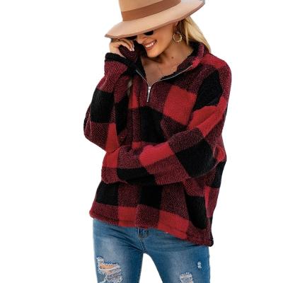 China Breathable Women Warm Plush Red Plaid Zipper Stand Half V-Neck Sweatshirt for sale