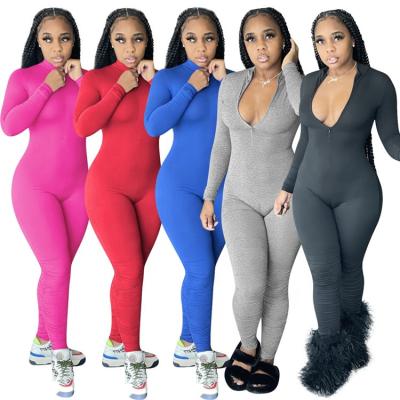 China Popular Anti-Wrinkle Ladies One Piece Rompers Long Sleeve Zipper Stacked Autumn Women Bodycon Jumpsuits for sale