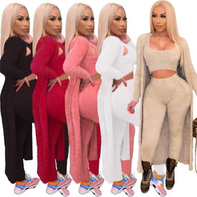 China Breathable Boutique Ladies 3 PCS Outfits Plush Overcoat Tank Top Winter Women Long Three Piece Pants Set for sale