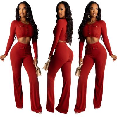 China 2021 Women Breathable Long Sleeve Shirt + Wide Leg Pants Suit Two Piece Set for sale