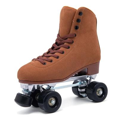 China Old-fashioned Quadruple Ice Roller Skates Adjustable Outdoor Double Row Flannel Skates PVC Brown Roller Skates For Adults for sale