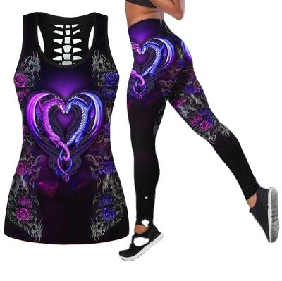 China Plus Size Fitness And Yoga Wear 2021 New Ladies Fashion Purple 3D Printed Yoga Gaiters Summer Vest Sports SuitYoga Sets for sale