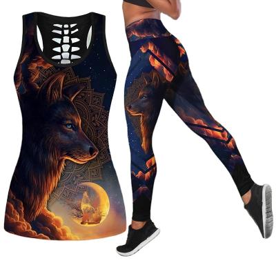 China Water Resistant Fitness And Yoga Wear Women's Fashion Wolf King 3D Printed Yoga Gaiters 2021 Summer Suit Custom Wear Vest Sports for sale