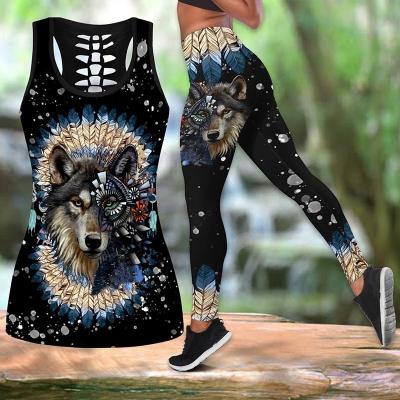 China QUICK DRY fitness and yoga wear 2021 New Women Wolf Head 3D Printed Yoga Gaiters Summer Vest Sports Suit Yoga Sets for sale