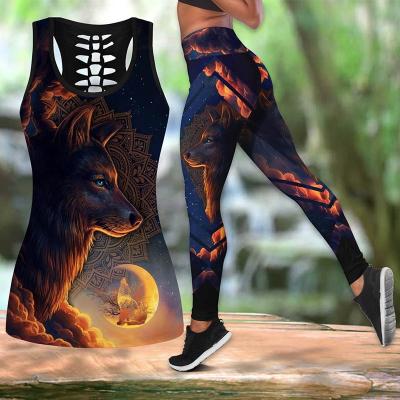 China Water Resistant Fitness And Yoga Wear Women's Fashion Wolf King 3D Printed Yoga Gaiters Suit 2021 Summer Vest Sports for sale