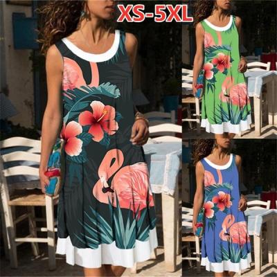 China Other Women Dresses Beach Knee Length Flamingo Print Dress Neck Vest Casual Dresses Set Two Piece Round Party Sleeveless for sale