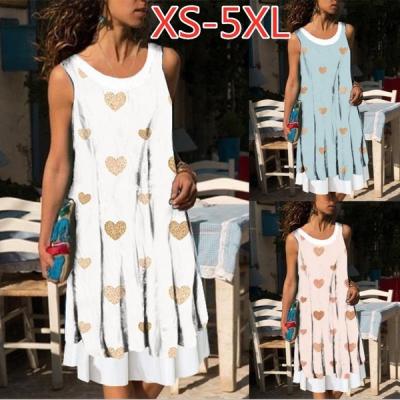 China Anti-Wrinkle Plus Size Women Dresses Casual Loose Round Neck Sleeveless Fake Two Piece Dress Summer Print Beach Dress Heart Pattern for sale