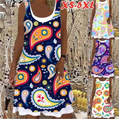 China Beach Knee-Length Printed Casual Summer Neck Party Dresses Other Women's Two Piece Set Sleeveless Ruffle Dress Plus Size Dress for sale