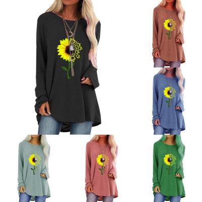 China Compressed plus size women's clothing Hot-selling 2021 Autumn New Women's sunflower print tops long sleeve T-shirts for women for sale