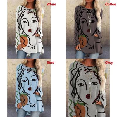 China Compressed New Custom Women's T-shirt Hot Sale Abstract Face Print Long Sleeved T-shirt Loose Plus Size Womens Clothing for sale