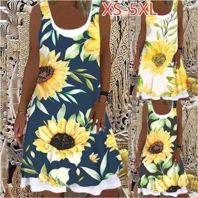 China Women's Breathable Dresses Three Colors Summer Women Print Sunflower Factory Beach Dress Casual Sleeveless Round Collar Loose Fake Two Piece for sale