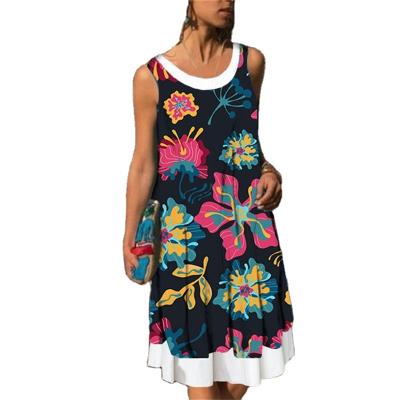 China Other Women Dresses Three Colors Summer Women Print Two Piece Custom Loose Fake Sleeveless Round Collar Dress Casual Beach Dress for sale