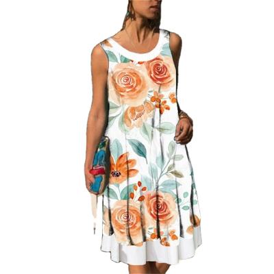 China Custom Made Multicolor Sleeveless Round Neck Summer Dresses Women Loose Fake Two Piece Dress Flora Printed Beach Casual Dress for sale