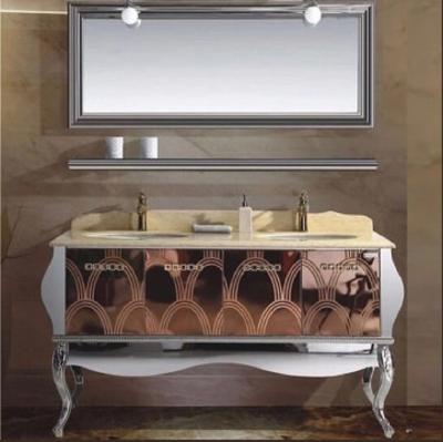 China Modern 48inches Double Basin Stainless Steel Bathroom Cabinet Vanity With A Stainless Steel Frame Mirror for sale