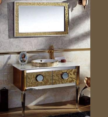 China Modern Saudi hot sale mosaic design stainless steel gold bathroom cabinet with counter basin and above mosaic frame mirror for sale