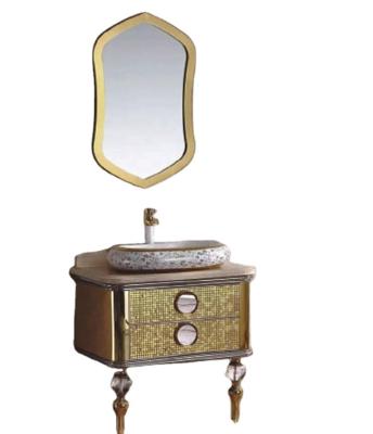 China Modern Gold Mosaic Floor Standing Stainless Steel Bathroom Cabinet With Counter Basin Above for sale