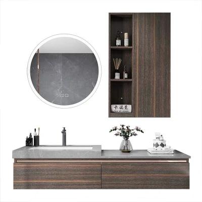 China New Design 2021 Modern One Piece Gray Color Stone Basin Wooden Bathroom Furniture for sale