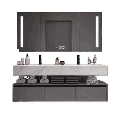 China Modern Large Size KD Knocked Down Hotel Style Mirrored Bathroom Double Basin Solid Wood Bathroom Vanity for sale