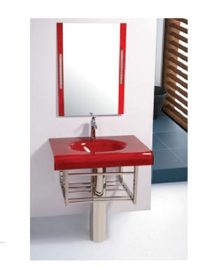 China Modern Design Hangzhou Red Pedestal Floor Stand Bathroom Glass Basin With Mirror for sale