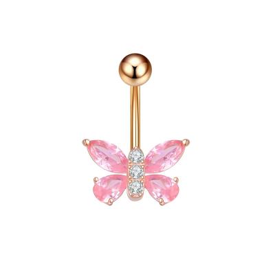 China FASHIONABLE Pink Crystal Navel 14G Navel Piercing 316L Surgical Steel Dangle Belly Ring Piercing Sexy Navel Butterfly Body Jewelry for sale