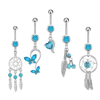 China Crystal Blue Stone 316L Neo-Gothic Belly Ring Dangle Ethnic Style Surgical Steel Navel Button Rings Women Belly Body Piercing Sexy Jewelry for sale