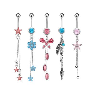 China Fashion Neo-Gothic Five-pointed Star Vintage Crystal Belly Button Rings Blue Beads Navel Rings Feather Arc-knot Piercing Jewelry Dangle for sale