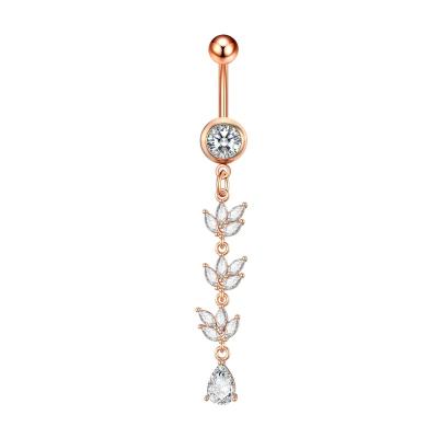 China TRENDY Rose Gold Jewelry Belly Button Rings Zircon Flower Dangle Navel Ring Belly Piercing Jewelry Women Beach Belly Button Rings for sale