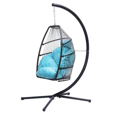 China Eco-friendly New Style Hanging Chair for Balcony with Blue Cushion Black Egg Swing Chair with Stand Outdoor Wicker Foldable Hanging Chair for sale