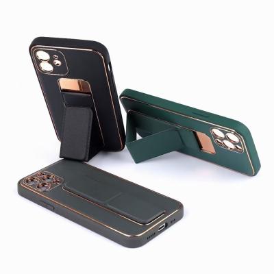 China Anti-Drop Stand Magnetic Stand Leather Phone Case For iPhone 11 12 13 Pro Max With Metal Frame And Camera Lens Protective Plating Case for sale