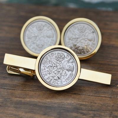 China ALLOY Birth Year Sixpence Coin Cufflinks 1959 & Link Clip Gold for sale