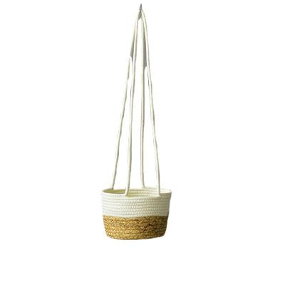 China Round Flower Basket Hook White Balcony Straw Basket Pastoral Woven Hanging Hanging Flower Pot for sale