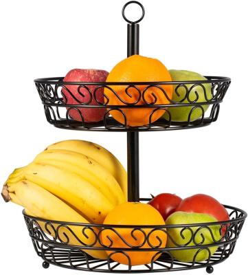 China 2 Tier Fruit Basket Bowl Storage Bread Basket Metal Kitchen Vegetable Storage Baskets Viable Custom Storage Racks for sale