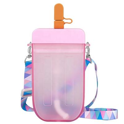 China Aidouty Viable 300ml Guaranteed Quality Portable Unique Square Strap Straw Popsicle Shape Plastic Bottles for sale