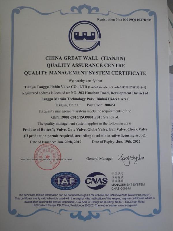 ISO9001 - Tianjin Tanggu Jinbin Valve Co., Ltd.