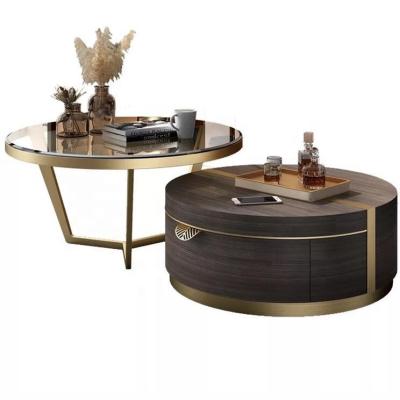 China Italian modern luxury stainless steel smart base tempering glass top round coffee table set design for sale