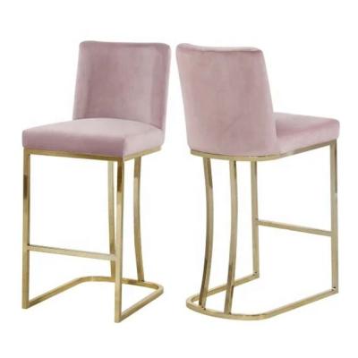 China Comfotable modern luxury stainless steel pink velvet upholstered gold high bar chair bar stool supplier for sale