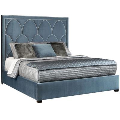 China Nailhead French trim king bed set for morden bedroom furniture velvet fabric bed with high headboard for sale