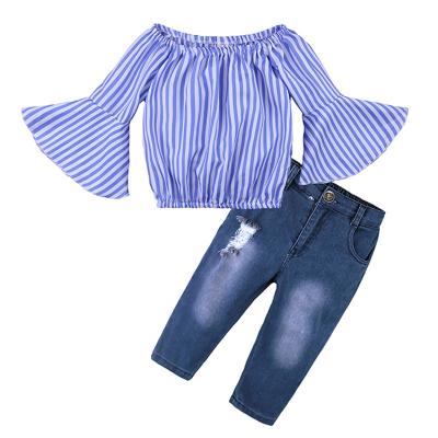 China Wholesale Casual Kids Clothing Denim Suit Girl Summer Long Sleeve Stripe Shirt And Jeans Set for sale