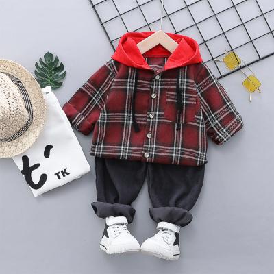 China Fashion Casual Children's Clothes Boys Lattice T-shirt Long Sleeve Hoodie And Pants 2 Pcs Set Kid Clothes for sale