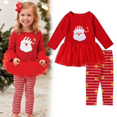 China Sweet Hot Selling Amazon Christmas Lounge Wear 2 Pcs Christmas Girl Clothing Outfit Christmas Wear Long Sleeve Skirt+Striped Gaiters for sale