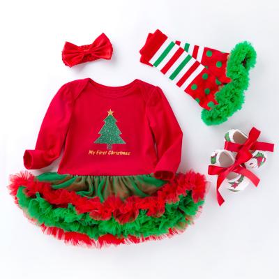 China 2021 New Arrival Sweet Christmas Dresses For Baby Clothes 4 Pcs Skirt+Head Knot+Socks+Shoes Toddler Christmas Clothes For Kids for sale